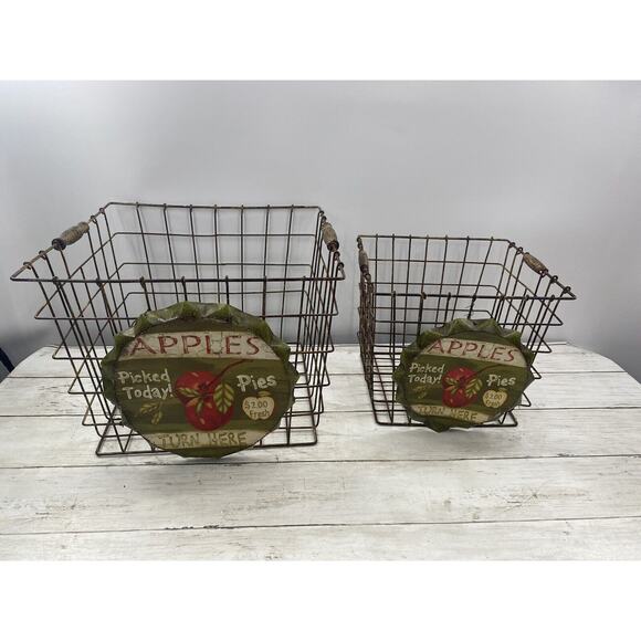 Vintage Metal Wire Locker Baskets Apple Pie Farmhouse Storage | Set of 2 - Picture 14 of 16
